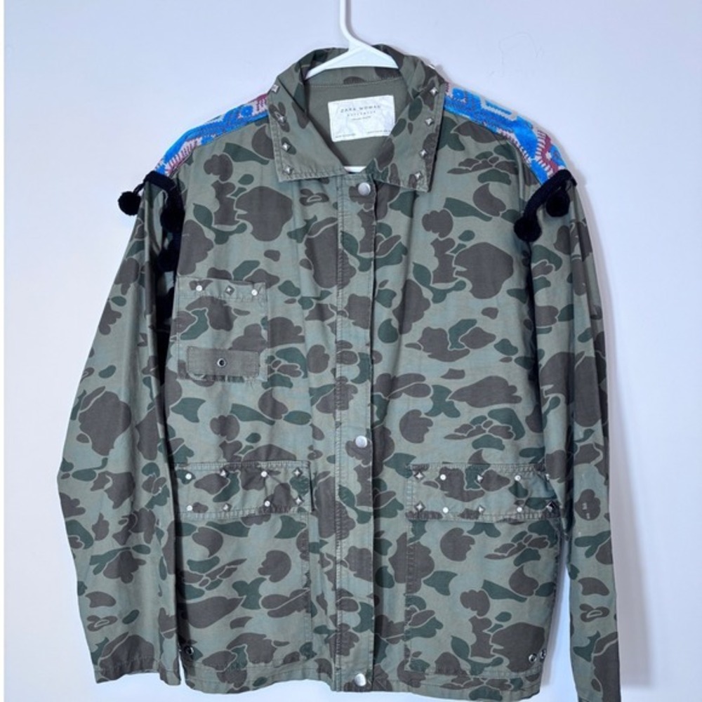 Zara Woman Camo Utility Jacket Embroidered Tapestry Back Pom Pom Studded Boho - Picture 2 of 7